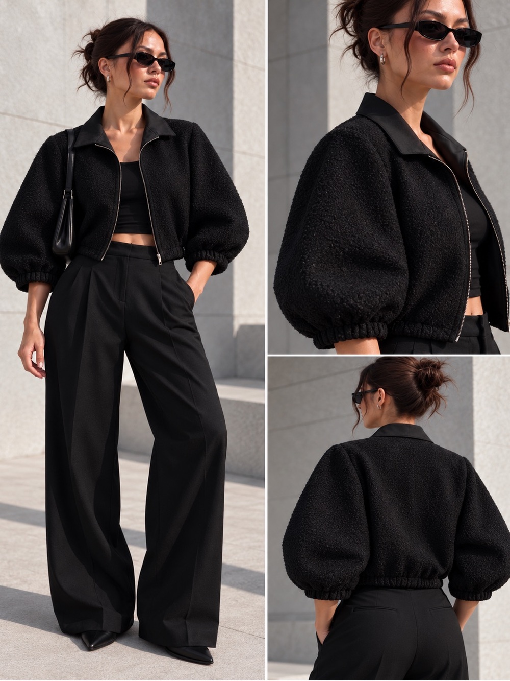 Carlisle Y2K Black Cropped Wool Bomber Jacket Statement Sleeve Zip Front Size 16